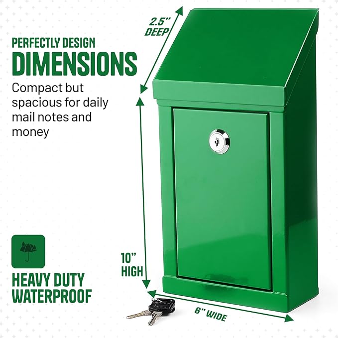 Metal Donation Box-Suggestion Box with Slot and lock-Cash Lock box for Money-Waterproof Drop Box-Comment and ballot voting box-comes with pre-drilled holes for easy wall mounting 10 X 6 X 2.5"(Green)