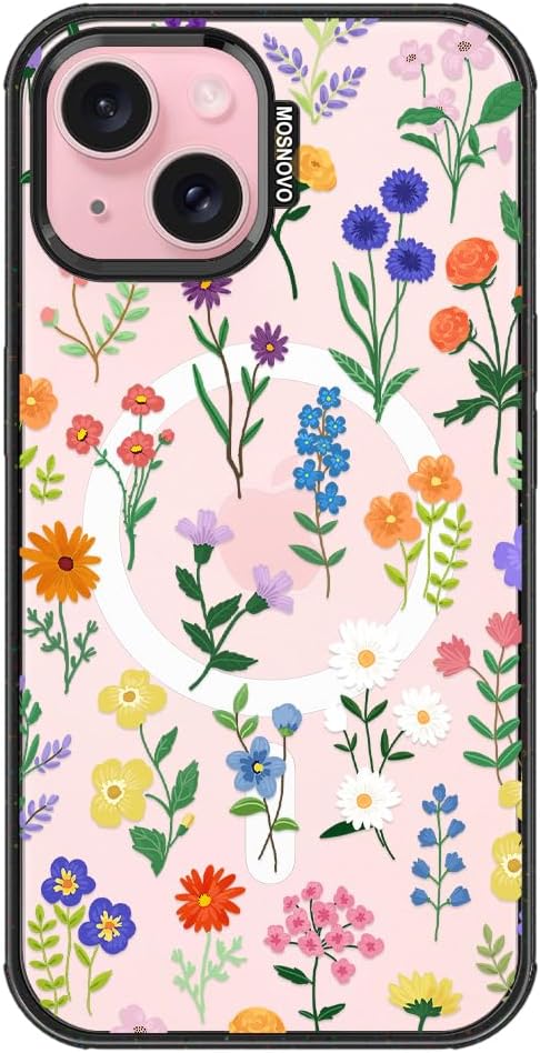 MOSNOVO Magnetic Case for iPhone 15 Plus, 10ft Military-Grade Protection, Compatible with Magsafe, Shockproof Phone Case for iPhone 15 Plus / 14 Plus - Botanical Floral - Clear Black