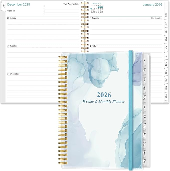 2026 Planner - Planner 2026 from January 2026 to December 2026 with 12 Monthly Tabs, Flexible Cover, Inner Pocket, 8.5" x 11", Blue Watercolor