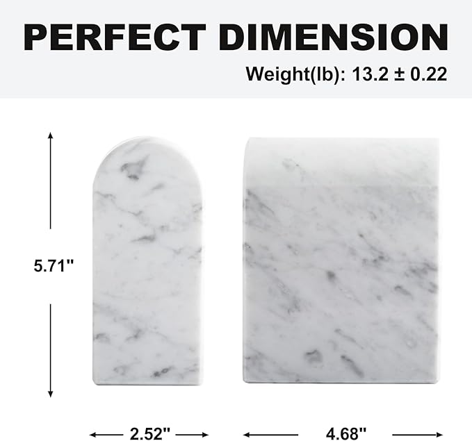 Koville Natural Italian Marble Bookends for Shelves, Book Ends for Heavy Books, 13LBS Ultra Heavy Duty Book Holders, Triumphal Arch Bookends Office Bookshelf Decor for CDs/Video Games(Bianco Carrara)