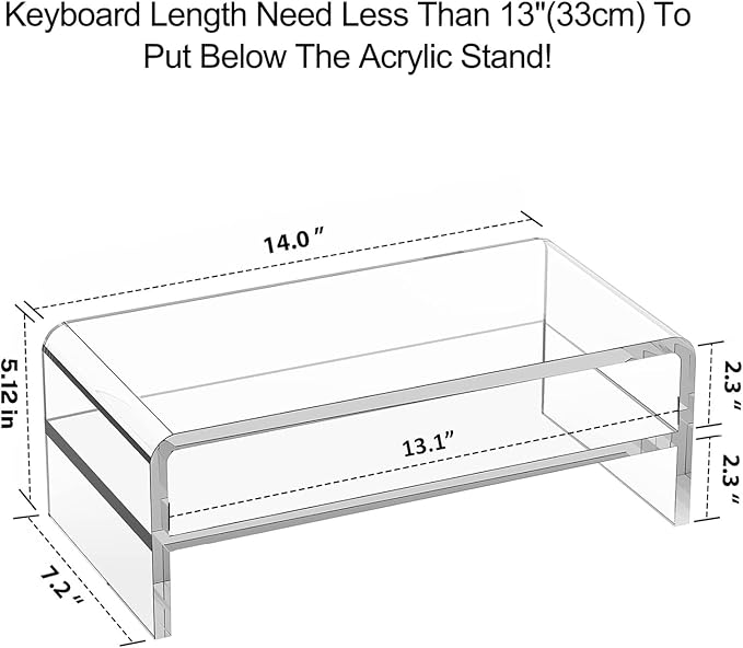 Acrylic Monitor Stand, 2 Tiers Clear Monitor Riser Computer Stand for Office, Home, Office, 5.12 Inches Hight PC Desk Stand for Keyboard Storage, Premium Platform for Laptop Printer TV Screen