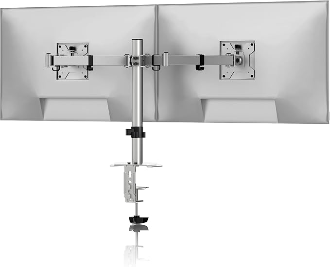 Pholiten Dual Monitor Stand, Heavy Duty Adjustable Monitor Arm Desk Mount for 2 Screens up to 42Inches, Tilt, Swivel, Rotate, Supports Tilt, Swivel, Rotate, Supports 22 lbs per Arm,Silver