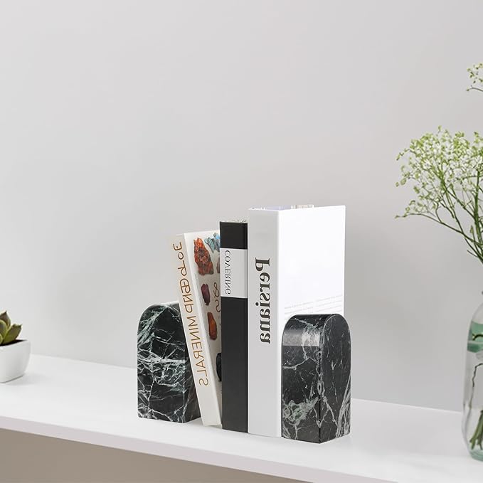 Koville Italian Natural Marble Bookends for Shelves, Decorative Book Ends, 7lbs Heavy-Duty Marble Book Holders, Bookshelf Apartment Decor for Normal Books/CD/Video Games(Verde Remeggiato)