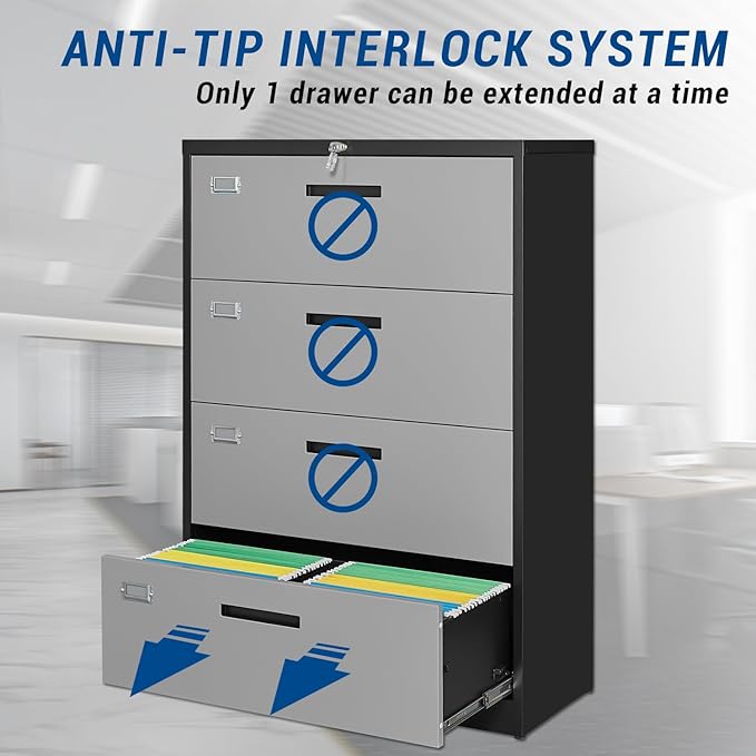 Metal Steel 4 Drawer Lateral File Cabinet with Lock, Filling Cabinets for Home Office, Lockable Storage Cabinet for Hanging Files Letter/Legal/F4/A4 Size-Assembly Required