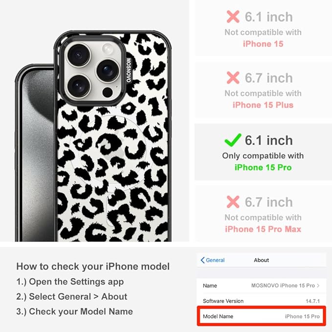 MOSNOVO Magnetic Case for iPhone 15 Pro, 10ft Military-Grade Protection, Compatible with Magsafe, Shockproof Phone Case for iPhone 15 Pro - Black Leopard Print - Clear Black