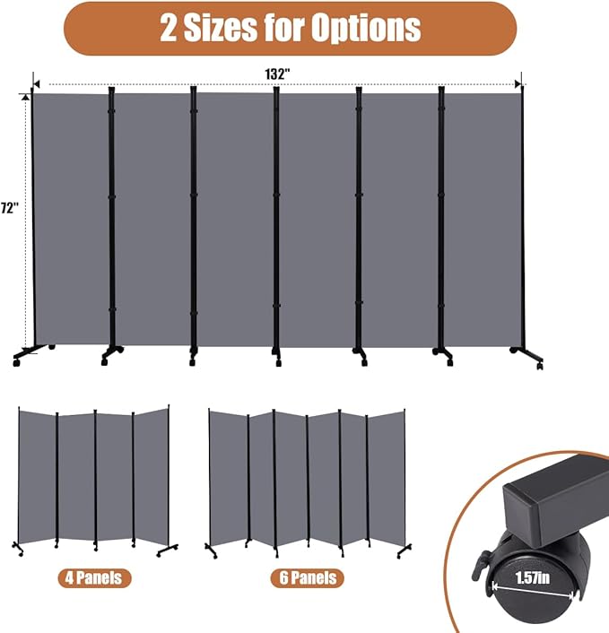 Room Divider Portable 132'' Partition Room Dividers and Folding Privacy Screens 6 Panel Wall Divider for Room Separation, Freestanding Fabric Room Divider Panel with Wheels for Home Office Hospital