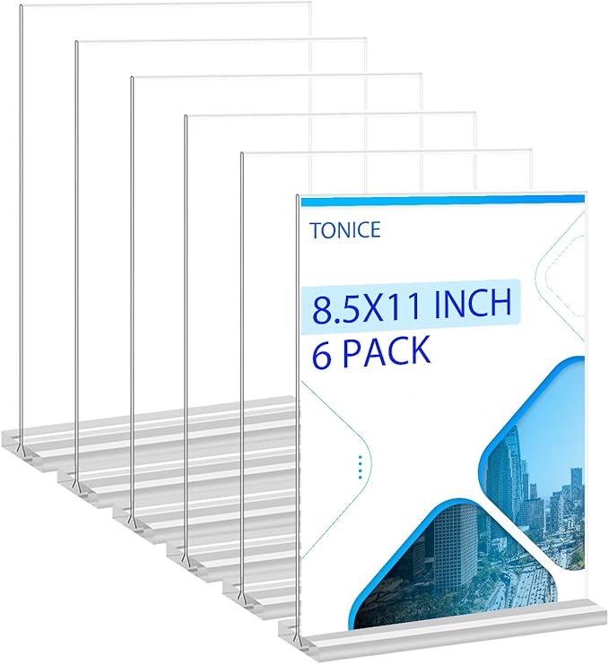 TONICE Acrylic Sign Holder 8.5 x 11 inch 6 Pack Double-Sided Plastic Sign Holder Stand Vertical Display Table Top Sign Holder for Office, Restaurants, Store, Wedding, Party