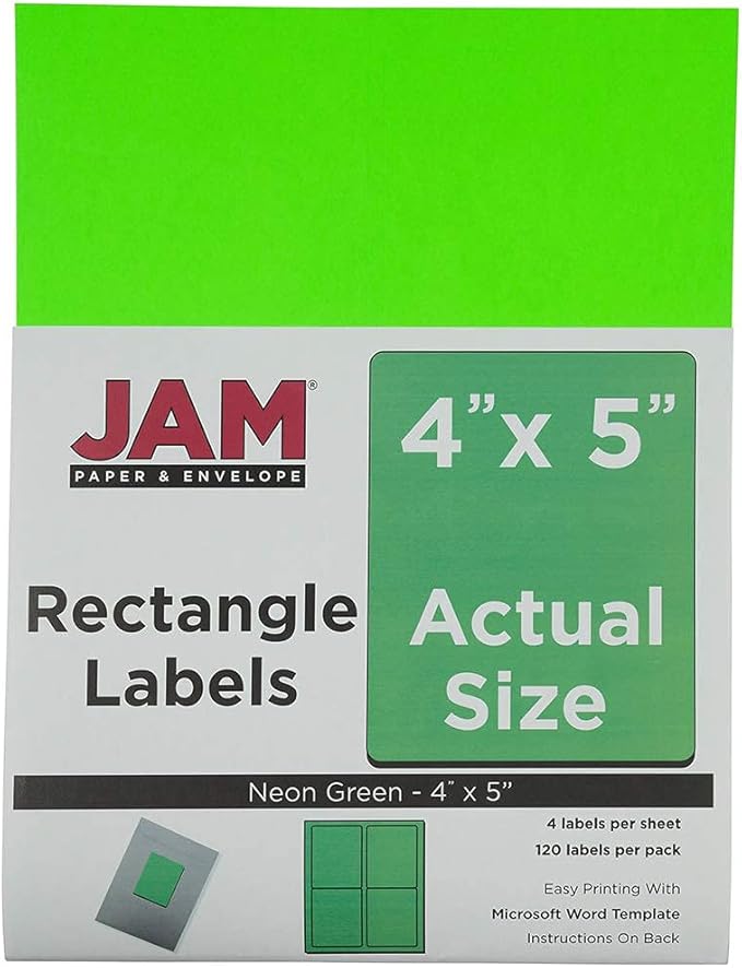 JAM PAPER Shipping Address Labels - Extra Large - 4 x 5 - Neon Green - 4 Labels per Page/120 Labels Total