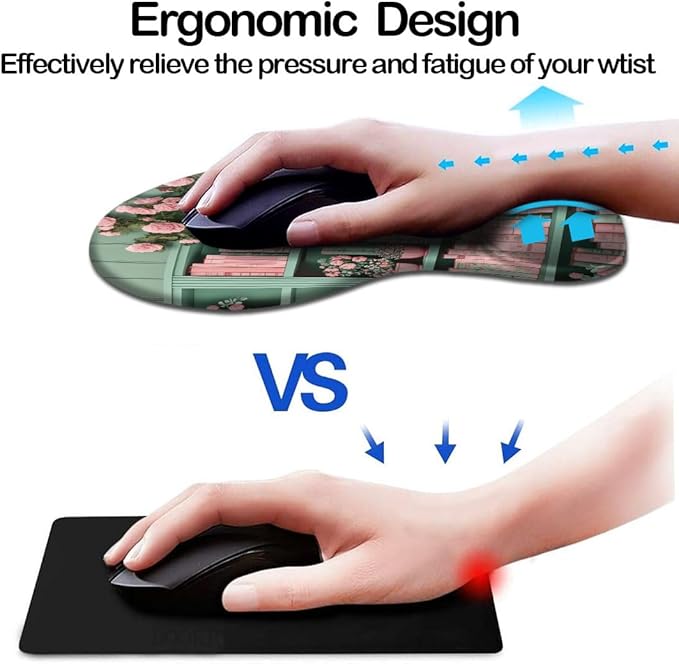 Ergonomic Mouse Pad with Wrist Support,Mouse Pad with Wrist Rest and Coaster Set,Office Supplies Non-Slip Mouse Pads for Desk, Non-Slip Comfortable,Book Floral