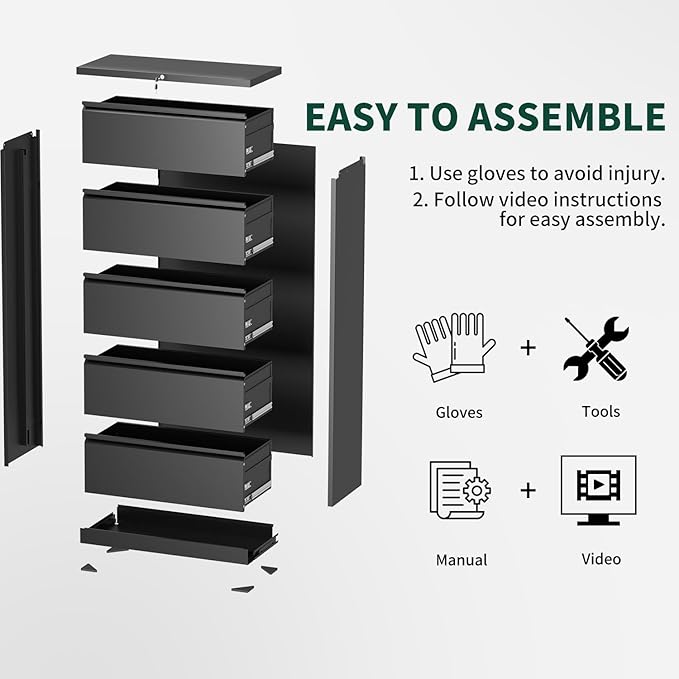 Lateral File Cabinet 5 Drawer, Metal File Cabinets for Home Office Legal/Letter A4 Size, Filing Cabinet with 5 Lock, Require Assembly, Black