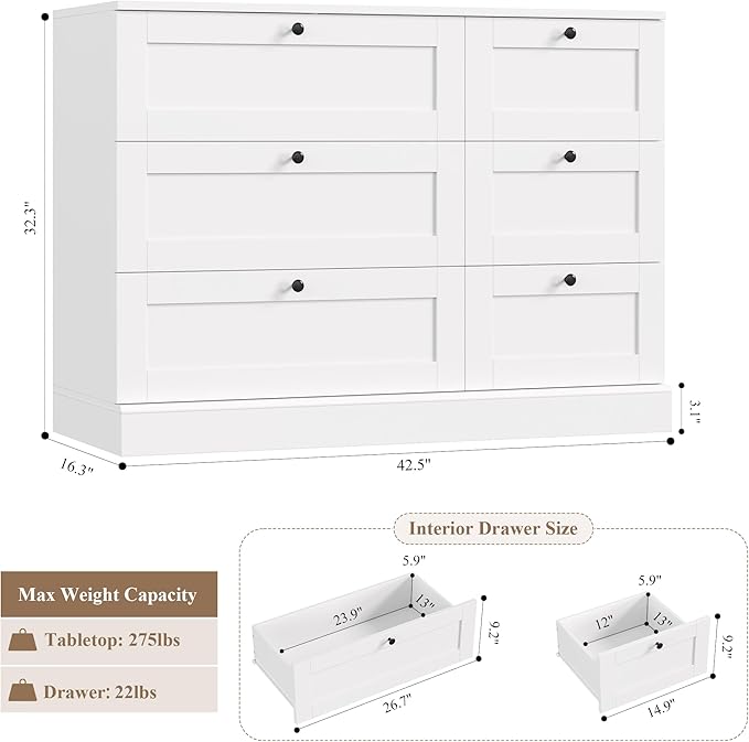 HOSTACK 6 Drawer Dresser, White Dresser for Bedroom, Wood Wide Chest of Drawers, Modern Drawer Chest for Living Room, Entryway, Hallway, White