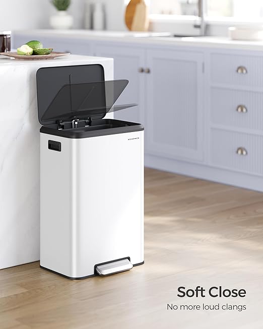 SONGMICS Kitchen Trash Can, 10.5-Gallon (40L) Garbage Can with Lid and Wide Foot Pedal, Soft Close and Stays Open, White ULTB541W40