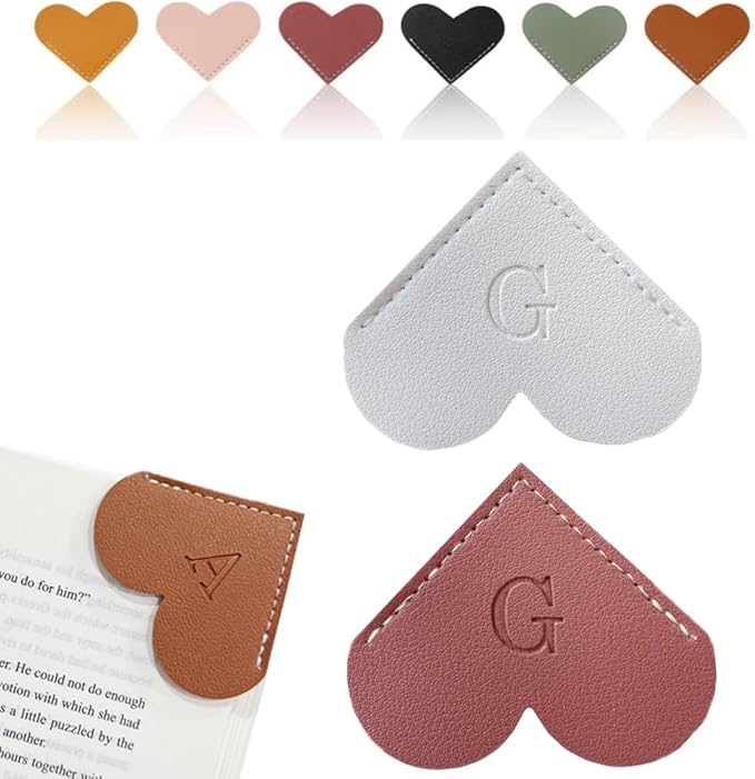 Personalized Leather Heart Bookmark, 26 Letters Customized Corner Book Mark for Reading Women, Book Marker with Initials，Cute Gifts (White+Deep Pink, G)