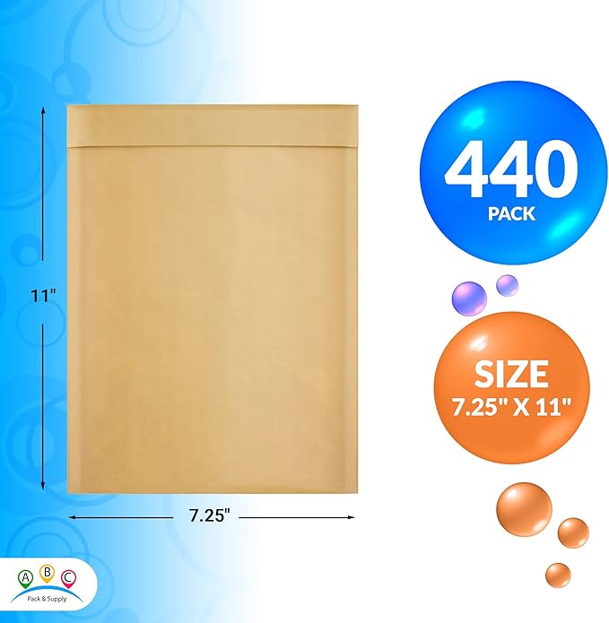 ABC PACK & SUPPLY Brown Kraft Bubble Mailer Envelopes, 7.25 x 11 Inches. 440 Pack Mail Padded Envelopes Self Seal. Kraft Bubble Mailers. Tear-Resistant Mailing Envelope Padded. Sturdy Paper Mailer