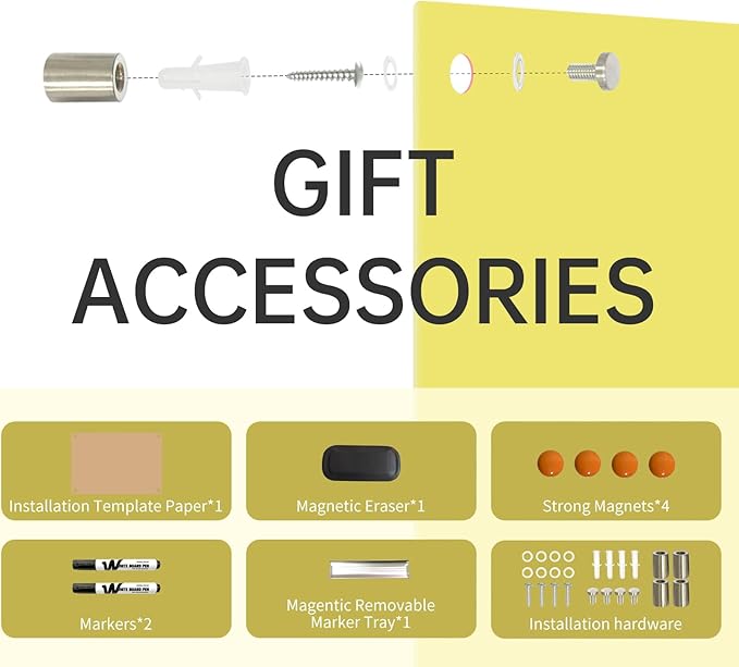 Magnetic Glass Dry Erase Board - White Board 48 x 36 Inch Wall Mounted Glass Whiteboard, Large Frameless Glass White Board for Wall Office, Home & School, Yellow