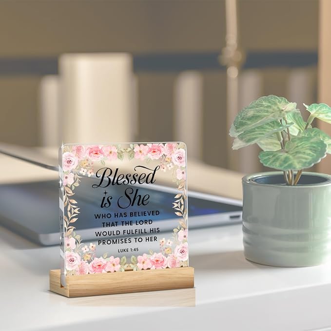 Pink Religious Gifts Christian Decor Inspirational Bible Verses Sign Scripture Acrylic Sign Plaque Table Decorations for Home Office Bedroom