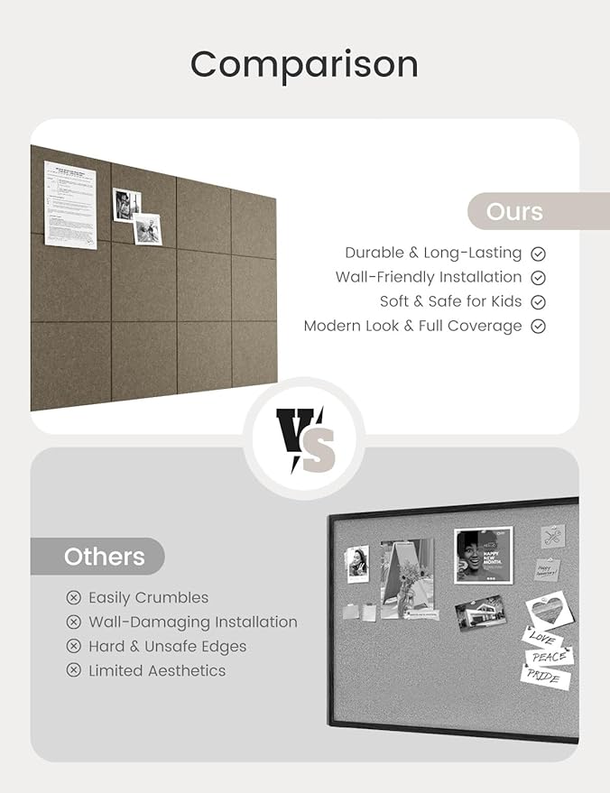 Bumusty Large Cork Board 47"x35" Alternative - 12 Pack Felt Wall Tiles with 70 Safe Removable Adhesive Tabs, 30 Pushpins, Cork Boards for Walls Pin Board Tack Board Cork Board (Dark Brown)