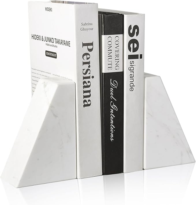 Marble Bookends for Heavy Books, Decorative Book Ends for Shelves, White Stone Durable and Heavy-Duty Book Ends for Hardback Books & CDS, Unique Book Stopper & Holder, Set of 2