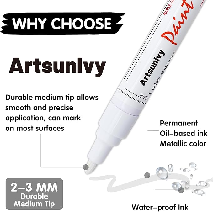 White Paint Pens marking pens Permanent Markers - 2 Pack Oil Based Waterproof Markers for Tire, Rubber,Wood, Rocks, Metal, Canvas,Plastic, Dark Surface,Craft office Supplies,Medium Point