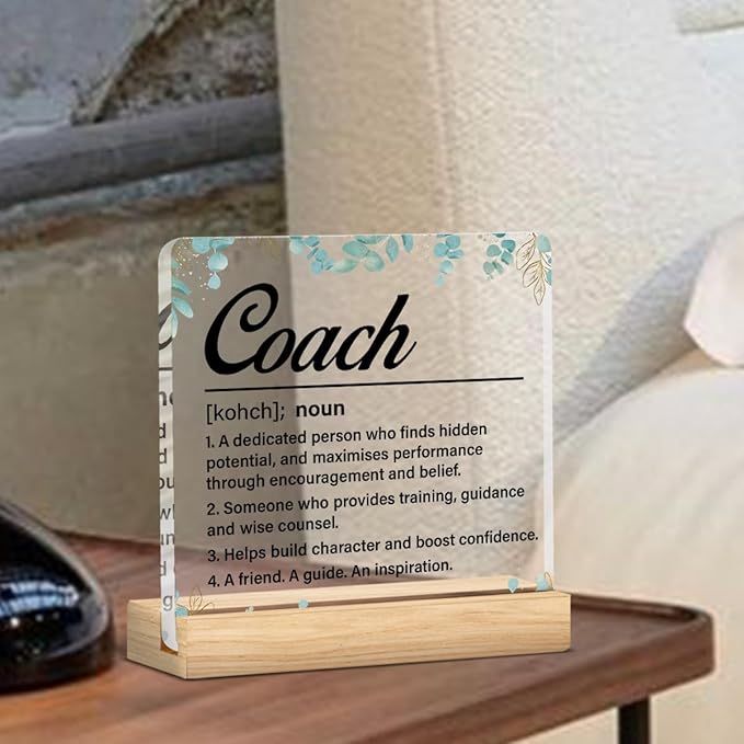 Coach Gifts for Women Men, Thank You Appreciation Gifts Coach Definition Clear Acrylic Desk Decorative Sign for Home Office, 4 x 4 Inches