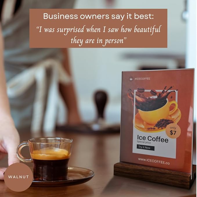 Acrylic Sign Holder 5x7" [3-PACK] | Walnut Wood Base and Crystal-Clear Acrylic Frame: Double-Sided Tabletop Display. Menu Holder, Picture Frame, Store Sign, Display Stand or Booth Display.