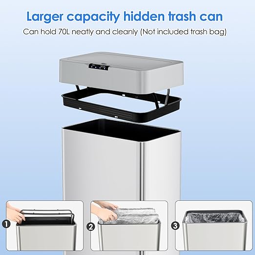 AthLike Sensor Trash Can, Touchless Motion Sensor Trash Bin, Smart Automatic Garbage Can with Soft-Close Lid, Bag Retainer Ring and Display Light,for Kitchen,Living Room Office (Silver, 18.5 Gal)