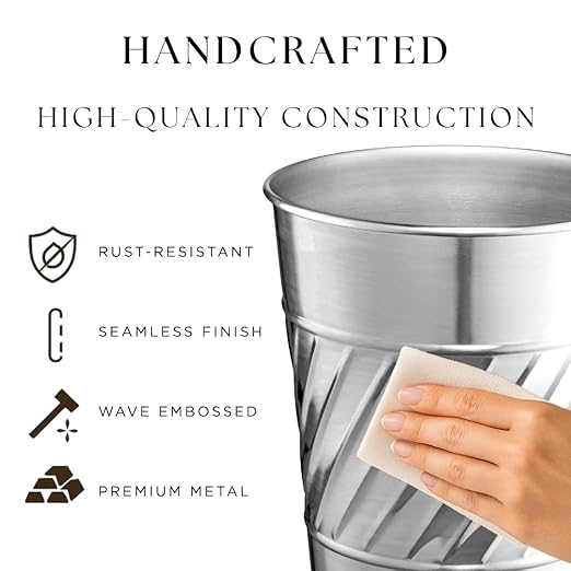 Monarch Abode Nickel Chrome Handcrafted Wave Embossed Metal Wastebasket for Home Office, Decorative Waste Basket, Modern Bathroom Garbage Can, Durable & Decorative Trash Bin, Nickel Chrome Trash Can