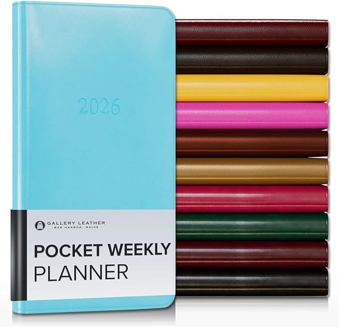 Gallery Leather Pocket Weekly Monthly Planner 2025-2026, Elegantly Bound Calendar Planner and Notebook with Stylish Gold-Gilded Page Edges, 12 Months - Acadia Pool - 6 x 3.25 "