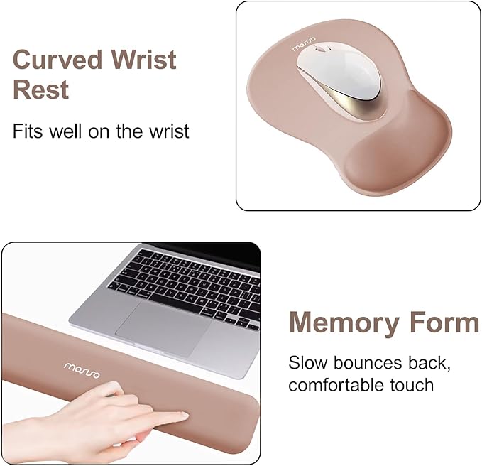 MOSISO Wrist Rest Support for Mouse Pad&Keyboard Set, Ergonomic Mousepad with Concave Curved Memory Foam, Non-Slip Base Pain Relief Comfortable Rectangular Easy Typing Pad for Home/Office, Brown