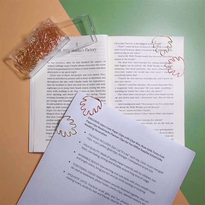 OWLFAVO 36pcs Monstera Shape Paper Clips with Clear Box, Rose Gold and Yellow Gold, Funny Cute Paperclips Bookmarks Planner Clips for Fun Office Supplies School Gifts Wedding Decoration