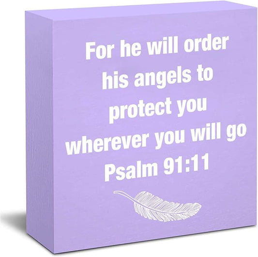 Purple Psalm 91:11 Office Decor Desk Accessories Inspirational Gifts for Women Bible Verse Gifts Purple Christian Office Decor Sign Desk Decorations for Women Home & Office Cute Desk Accessories