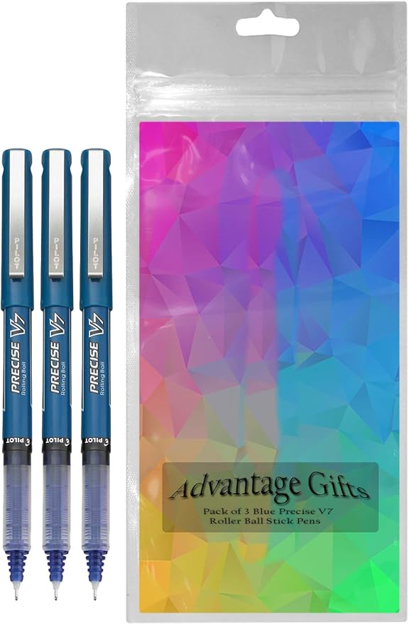 Precise V7 Stick Rolling Ball Pens, Fine Point (.7mm), Blue Ink, 3-pk; Bundle with Plastic Reusable Pouch