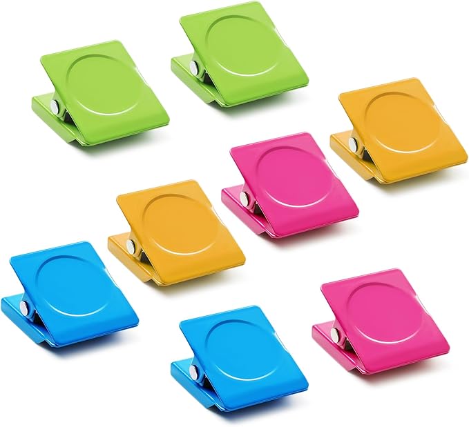 VNDUEEY 8 Pack Strong Magnetic Clips, Fridge Magnets Refrigerator Magnet, Magnetsfor Whiteboard, Magnet Clips Heavy Duty, Assorted Colors Strong Clip with Magnets for Home, Classroom, Office