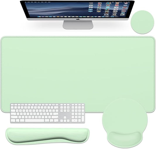 Dapesuom Large Gaming Mouse Pad, Mouse Pads with Wrist Rest Wrist Support, 4in1 XXL Desk Mat Desk Pad + Ergonomic Mousepad + Memory Foam Keyboard Mat Wrist Rest + Coaster Set for Computer, Lake Green