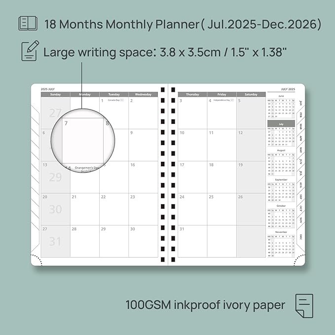 POPRUN Monthly Planner 2025-2026 Spiral Bound (6.5" x 8.5") 18 Months Calendar (Jul 2025 - Dec 2026) - 4 Pages per Month with Monthly Expense & Notes, Sunday Start, Leather Cover - Night Sky Blue