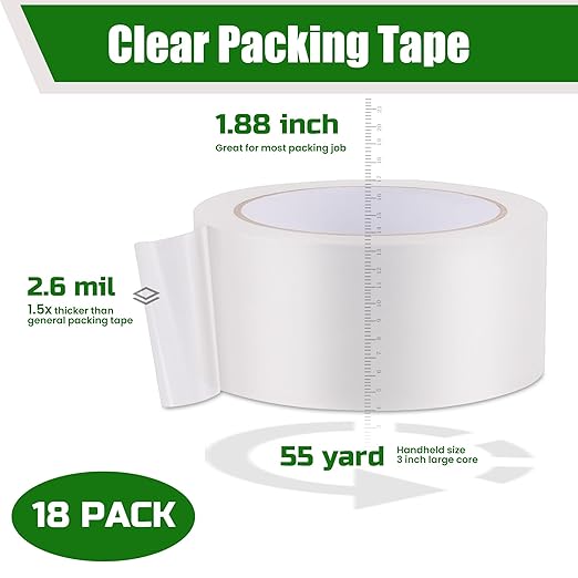 Lichamp Clear Packing Tape, 18 Rolls Heavy Duty Packaging Tape Refill for Moving Boxes, Mail Shipping Supplies, 1.88 inch x 55 Yard x 2.6 mil, A218TP