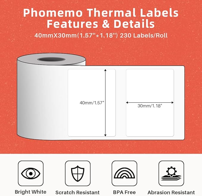 Phomemo 690 PCs Thermal Label - 1.57'' x 1.18'' (40x30mm) Labels Tape for M110/M220/M108/M250/M260/M120/M200/M221/M150/M160 Label Maker, Multipurpose Barcode Stickers, 230 Pcs/Roll