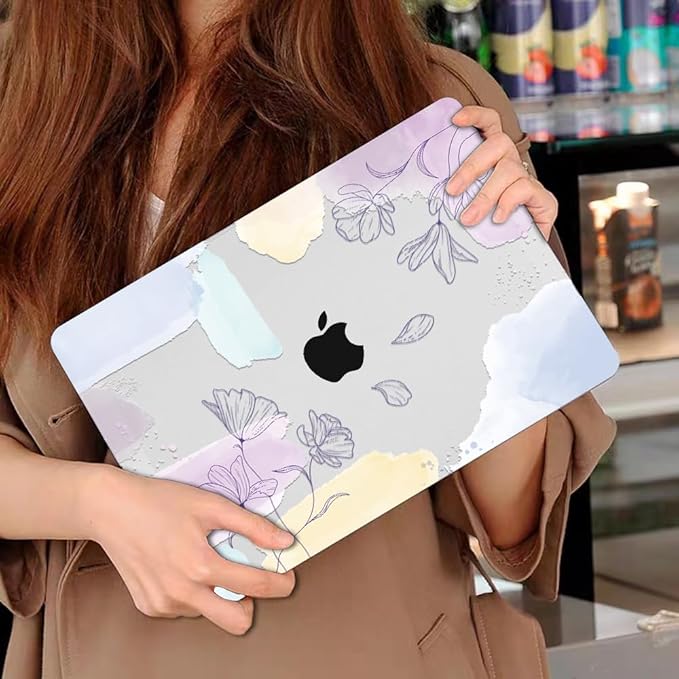 for MacBook Air 13.6 inch Case 2025 M4 A3240 2024 M3 A3113 2022 2023 A2681 M2 Chip, Crystal Plastic Pattern Hard Shell Case Cover for Mac Air 13.6 M4 2025 Touch ID, Watercolor Line Flowers