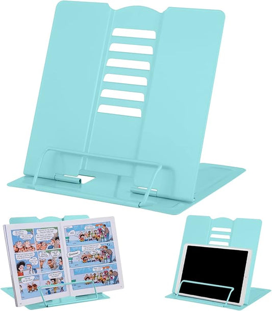 MSDADA Desk Book Stand Metal Reading Rest Book Holder Adjustable Cookbook Documents Holder Portable Sturdy Bookstands for Recipes Textbooks Tablet Music Books with Page Clips (Light Lake Green)
