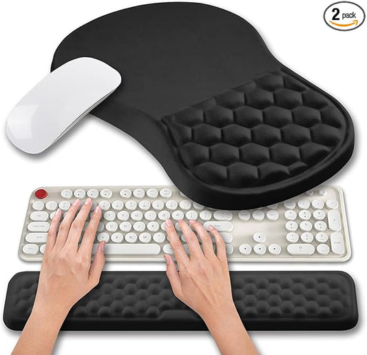 Hokafenle 2 in 1 Ergonomic Mouse Pad Wrist Support & Wrist Rest for Computer Keyboard Set, with Relieve Carpal Tunnel Pain Massage Bulge and Full Memory Gel Design (2In1 Set, Black)
