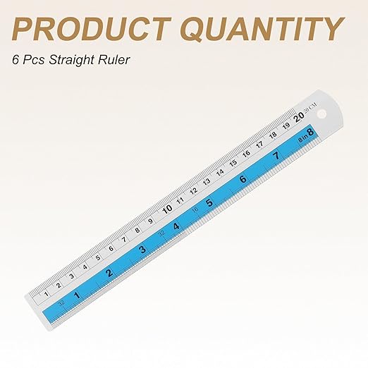 HARFINGTON 6pcs Metal Straight Ruler 20cm Metric SAE Aluminum Alloy Measuring Rulers Scale Tools with Hole for Measure Study Reading Classroom Office, Blue