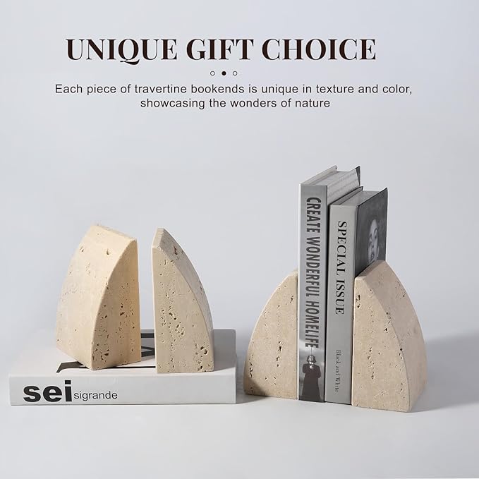 Koville Travertine Bookends for Shelves, Large Stone Bookends for Heavy Books, Non-Slip Heavy Duty Book Stopper for CD/Movies, Aesthetic Decorative Book Ends for Bookshelf Table Home Decor(Beige)