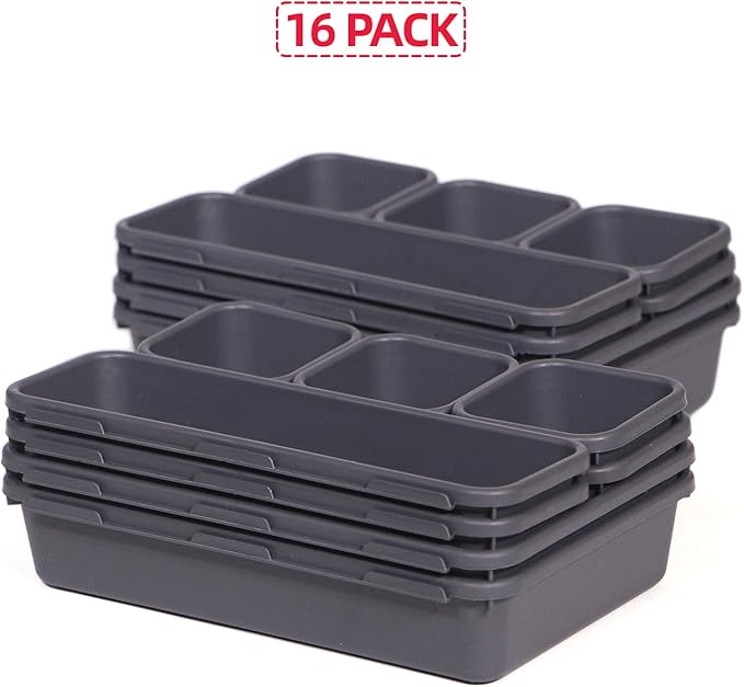 Set of 16 Interlocking Desk Drawer Organizer Tray Dividers Plastic Shallow Narrow Drawers Organizers Separators and Storage Bins Container for Kitchen Bathroom Makeup Office Vanity Bedroom Dresser