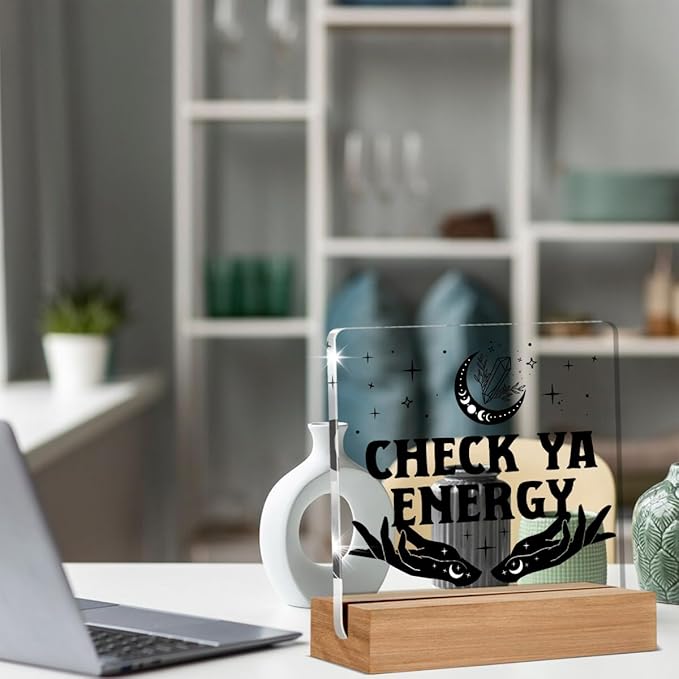 Witchy Gifts for Women Men, Spiritual Witch Gifts, Check Ya Energy Witchy Desk Decor Acrylic Plaque for Home Office Room