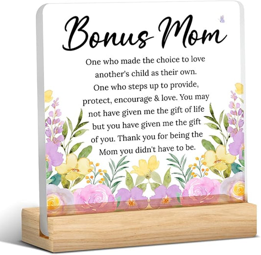 Bonus Mom Step Mom Mothers Day Gifts for Stepmom from Son Daughter I Love You Thank You Birthday Gifts for Bonus-mom Step-Mom Office Desk Decor For Home Acrylic Sign Christmas Gift