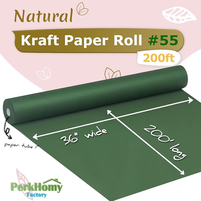 PerkHomy 36" x 2,400" (200') Dark Green Kraft Paper Roll for Craft Bulletin Board Paper Art Table Covering Crafting Gift Wrapping Bouquet Packing Parcel 80GSM 55LB (Dark Green, 36" x 200')