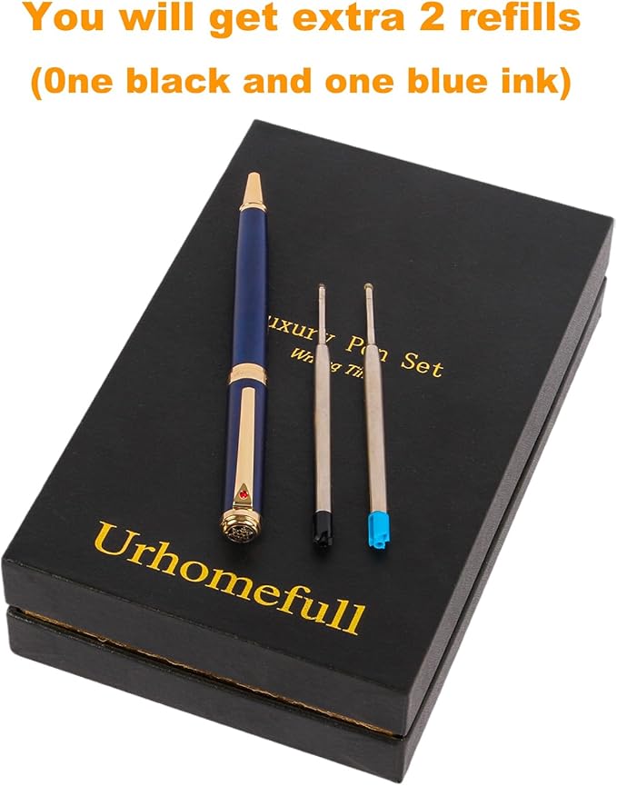 Blue Ballpoint Pen with Real 24K Gold Finish, Luxury Pen with 2 Black and 1 Blue Refill, Nice Pen for Men Women Birthday Graduation Christmas Gifts