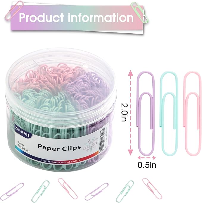 Pastel Jumbo Paper Clips, 300pcs 2 Inch (50 mm) Paper Clip Paperclips Soft Color Clips for Paperwork Ideal for Home, School and Office Use (Pastel, 2 Inch)