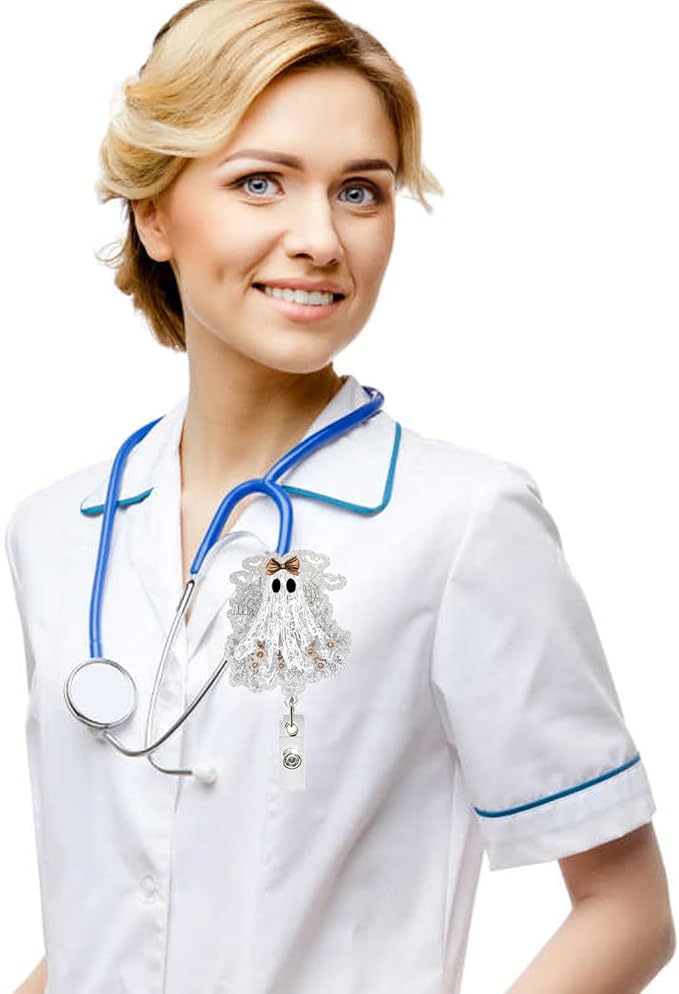 Ghost Badge Reel Retractable Badge Clips Holder with Alligator Clip Glitter Cute Halloween Spooky Badge Holders Spider Web Designs for Nurses Doctors RN EN Paramedic Medical Office