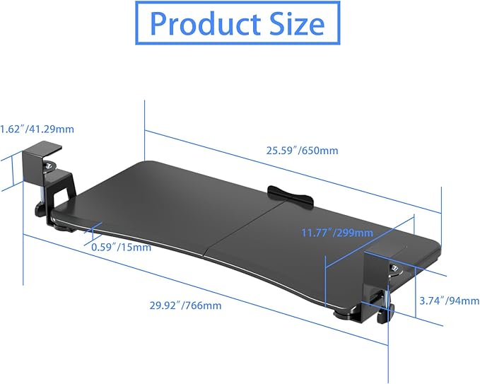 suptek Keyboard Tray Under Desk Pull Out with C Clamp Mount, Computer Keyboard & Mouse Tray, 25.6 (30 Including Clamps) x 11.8 inch Slide-Out Platform Computer Drawer for Typing, Black, DSF1